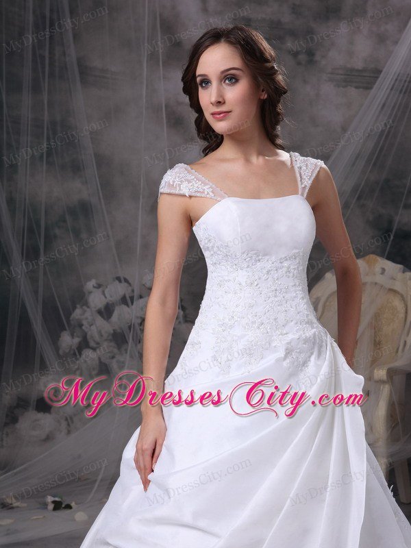 Square Train Satin and Organza Embriodery Decorated Wedding Dress